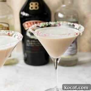 Chocolate Peppermint Martini with Crushed Candy Cane Rim 5 This Christmas cocktail recipe has Baileys, Creme de Cacao, Peppermint Schnapps, and a crushed candy cane rim. It's frothy and totally delicious!