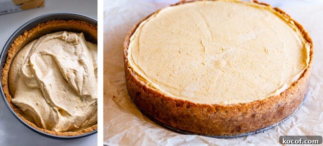 adding filling to cheesecake, chilled cheesecake.