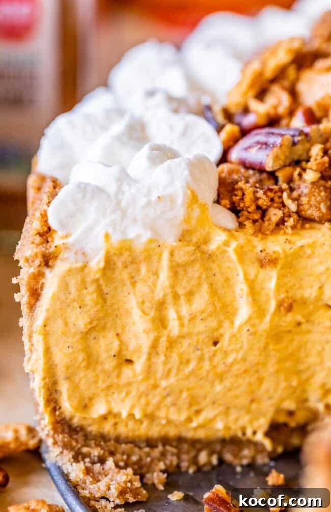 no bake pumpkin cheesecake with whipped cream and pecan crumble, shot from the side.