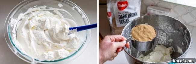 Whipped cream in a bowl, adding brown sugar to a stand mixer.