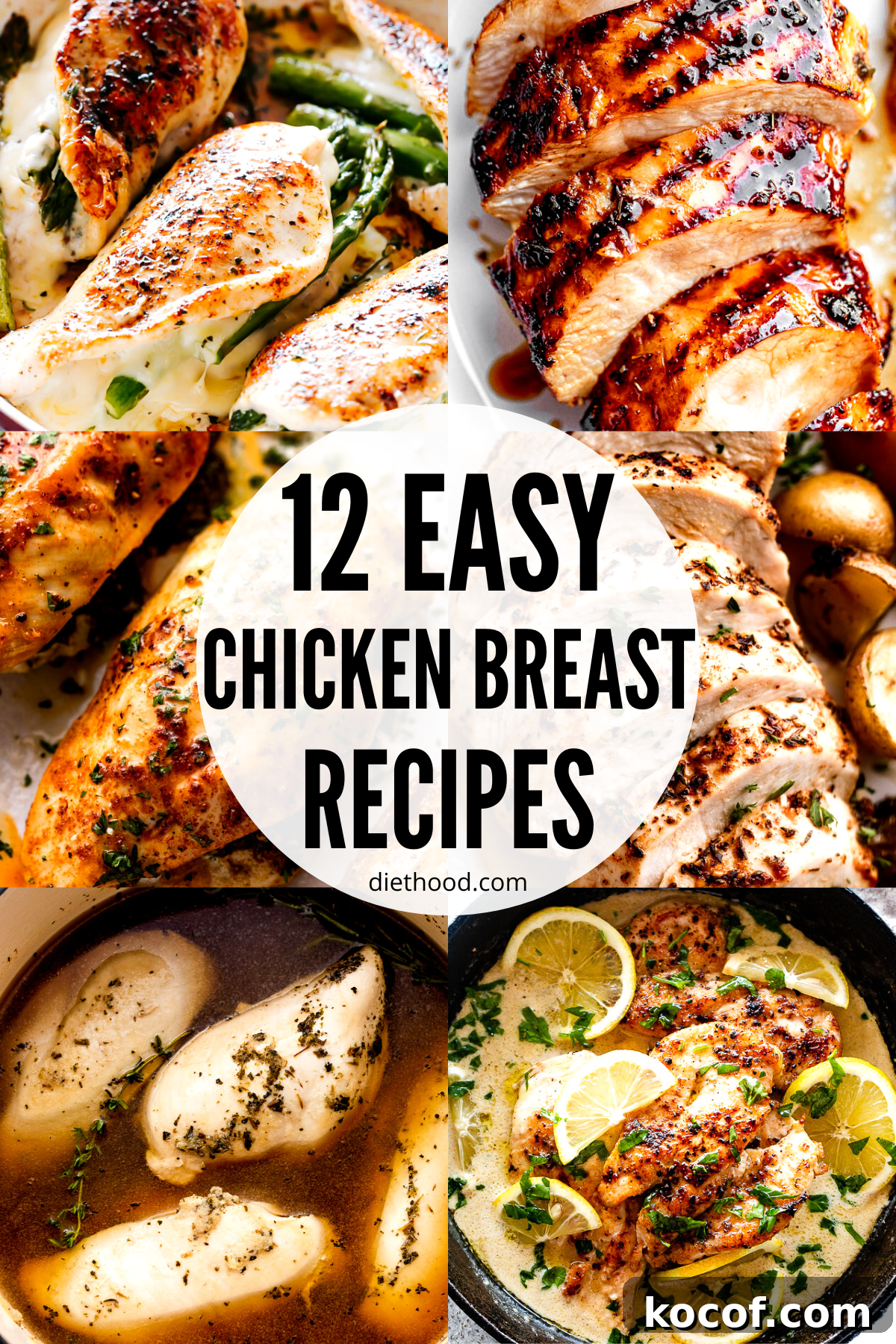 These 12 Easy Chicken Breast Recipes will make you fall in love with chicken all over again! Baked, sauteed, air-fried, and more! Six picture collage image with pictures of chicken breasts.