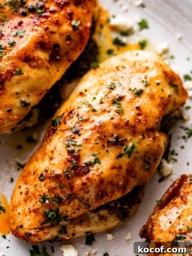 overhead close up shot of three air fryer chicken breasts.