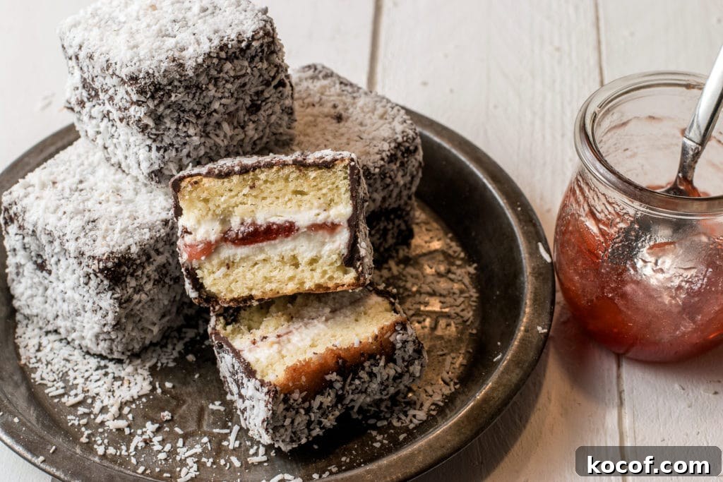 Gluten-free jam filled lamingtons on a rustic pie tin with a jar of strawberry jam.