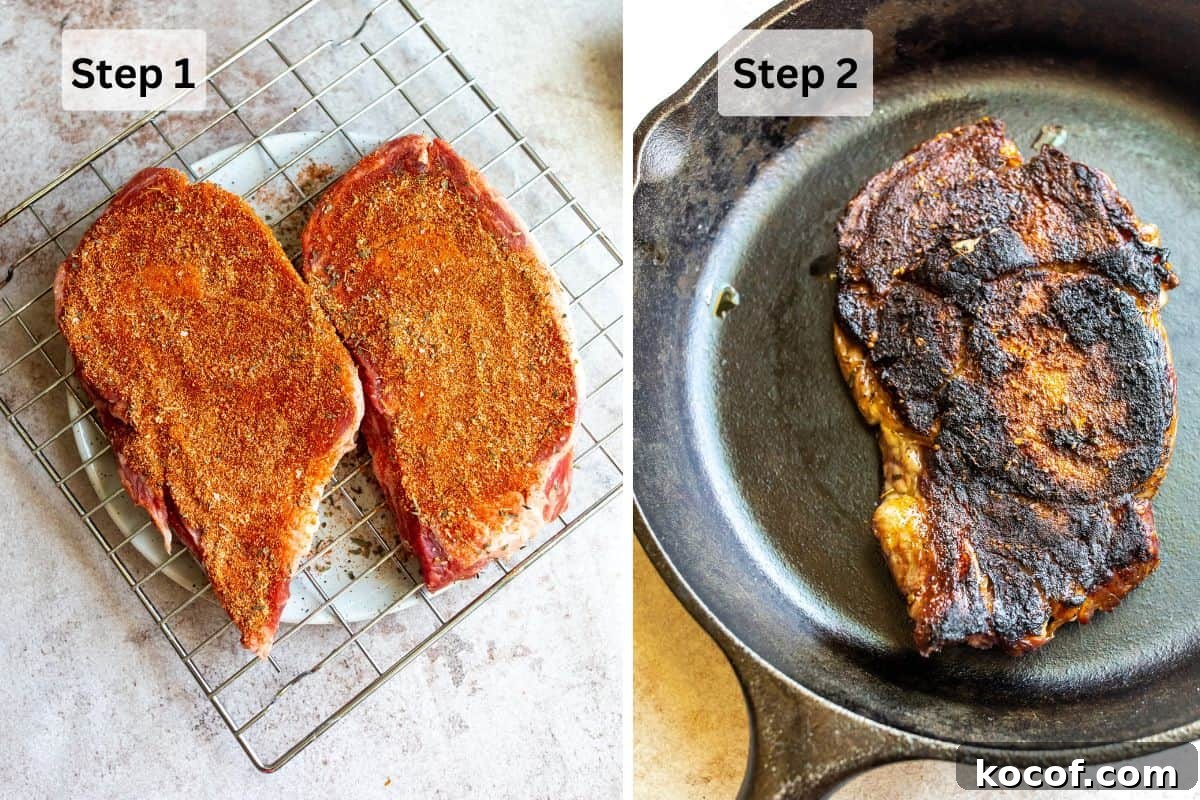 Perfect Blackened Steak Recipe for a Spicy, Crisp Crust 4 Steps to make blackened steak on a plate with seasoning and then blackened in a cast iron skillet.