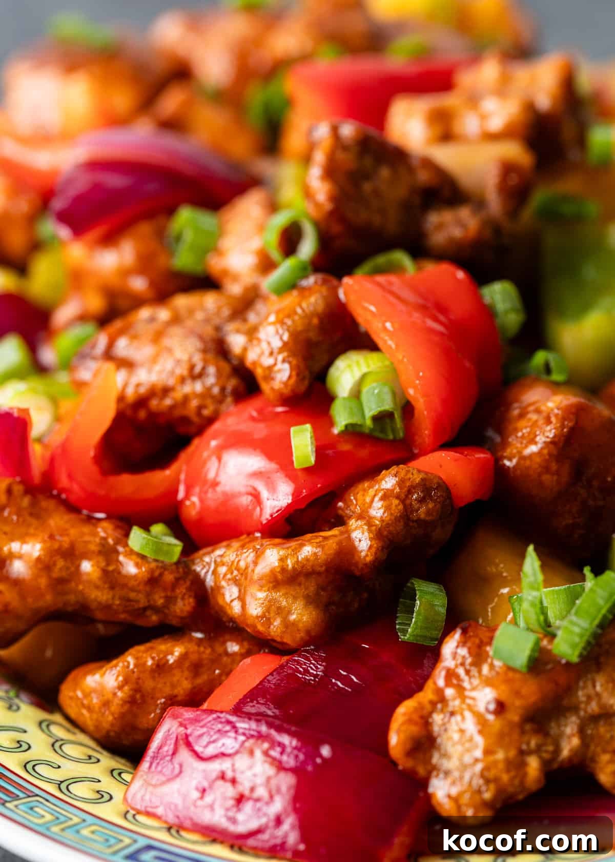 extreme closeup: my sweet and sour pork recipe with veggies showing
