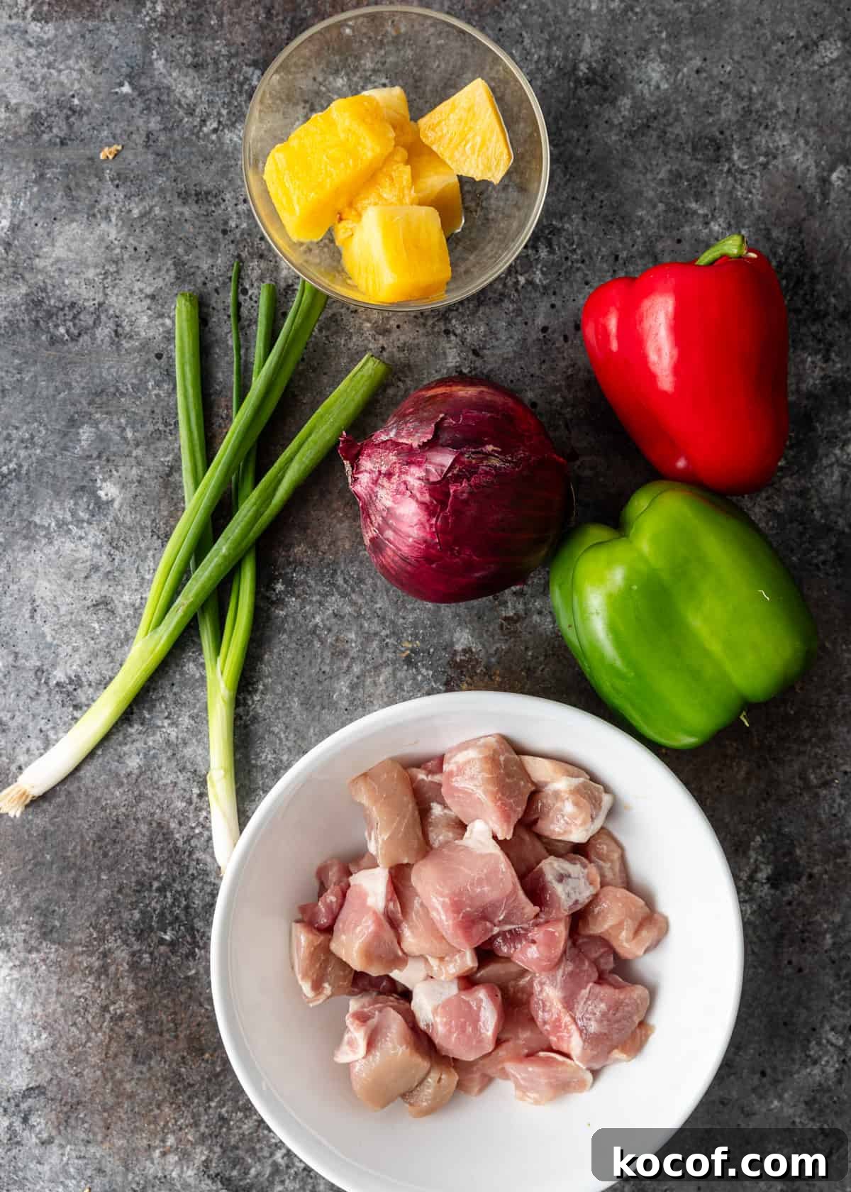 overhead: ingredients needed for sweet and sour pork stir fry