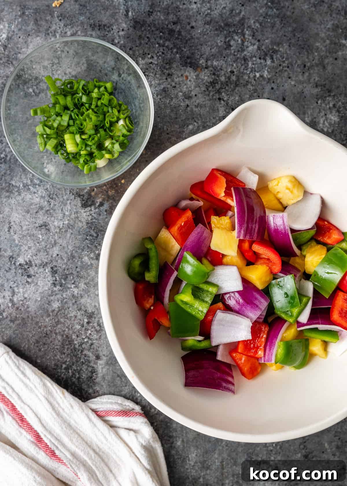 overhead: chopped vegetables in a bowl for sweet and sour pork