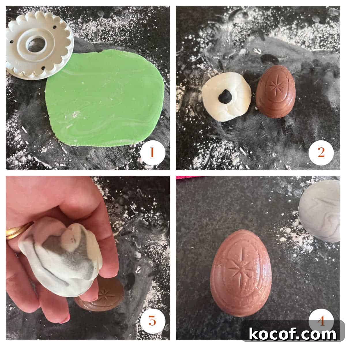 Creme Egg Easter Bunny Cake Recipe: Fun Step-by-Step Guide 4 First 4 steps showing how to colour fondant and prepare a chocolate egg for covering