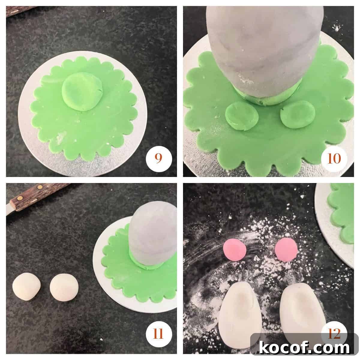 Creme Egg Easter Bunny Cake Recipe: Fun Step-by-Step Guide 6 Pictures showing how to make fondant into Bunny ears