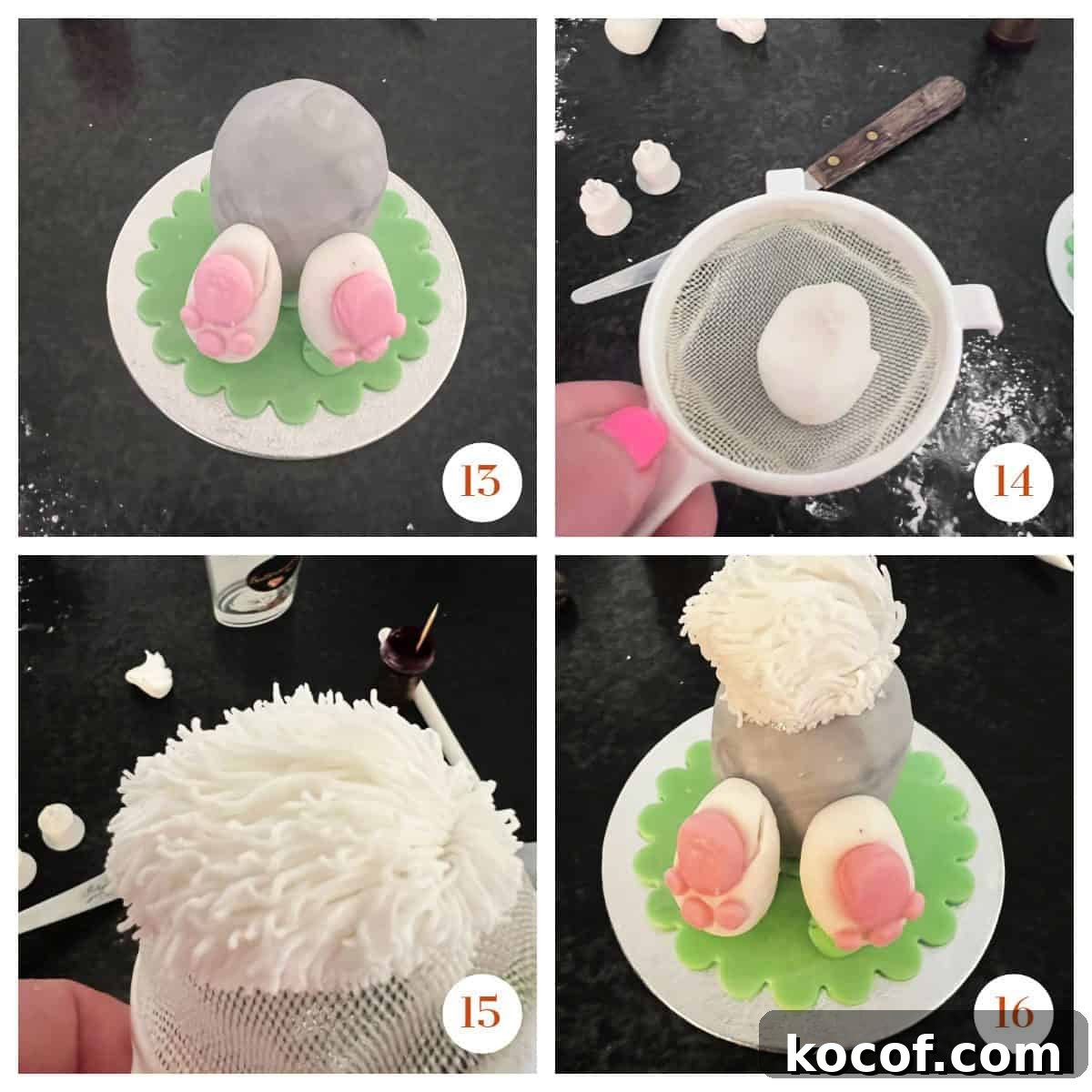 Creme Egg Easter Bunny Cake Recipe: Fun Step-by-Step Guide 7 display of how to make a bunny's tail from fondant through a sieve