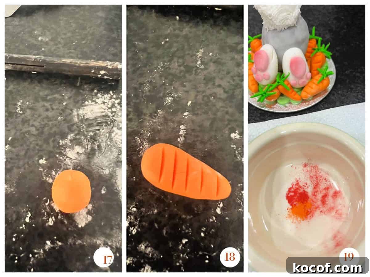 Creme Egg Easter Bunny Cake Recipe: Fun Step-by-Step Guide 8 pictures showing how to make an orange fondant carrot