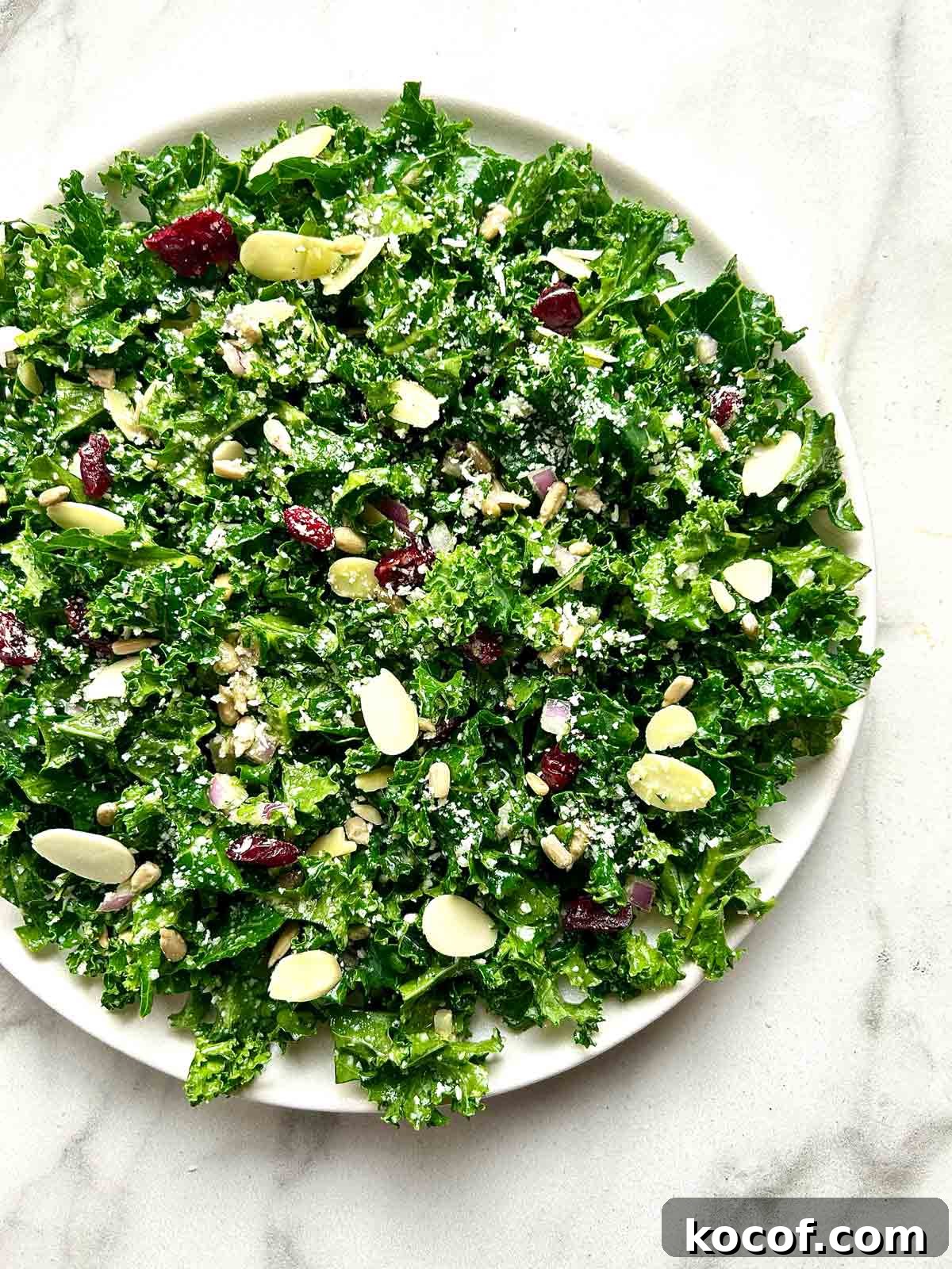 overhead shot of kale salad on plate.