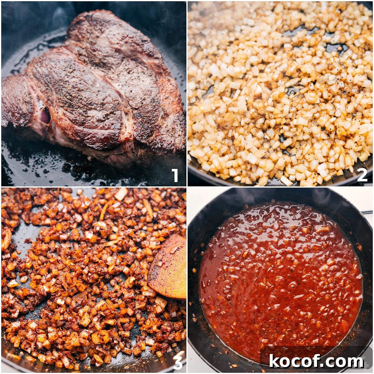 How To Make Shredded Beef Tacos The beef is seared in a pot, then the onions and seasonings are sautéed, and finally, the enchilada sauce is added for these shredded beef tacos.