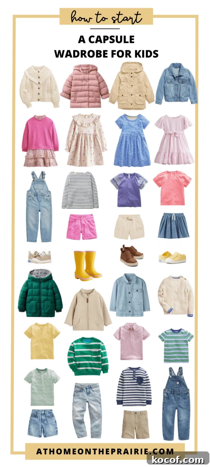 a graphic showing a kids capsule wardrobe made up of neutral boys and girls clothes