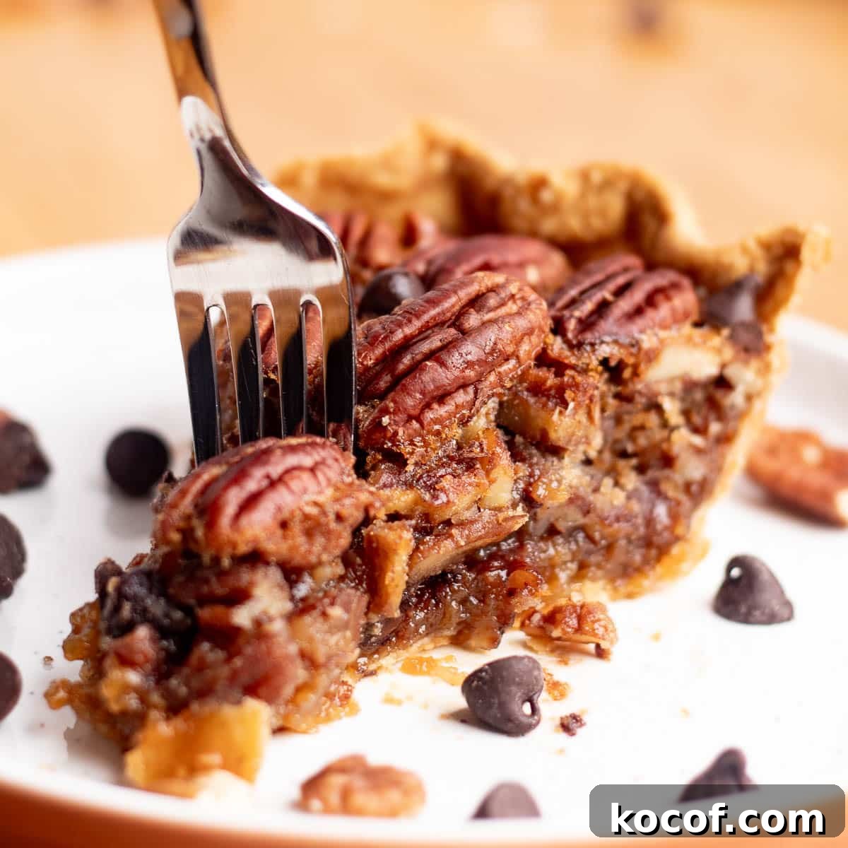 Chocolate Chip Pecan Pie Recipe with Gooey Chocolate Filling 2 Close-up of a slice of chocolate chip pecan pie on a white plate, with a fork cutting through gooey brown sugar filling, melted chocolate chips, and toasted pecans.