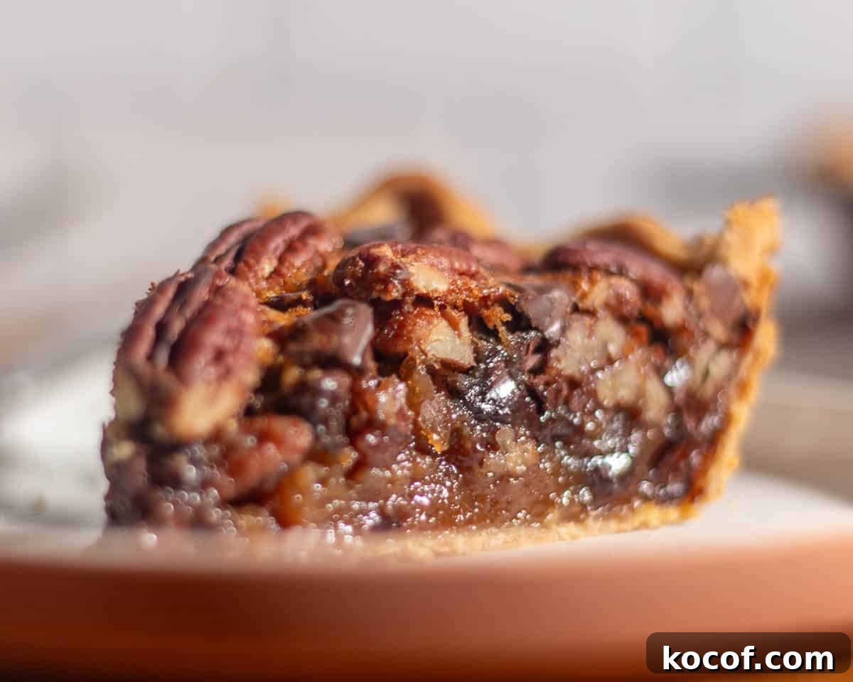 Chocolate Chip Pecan Pie Recipe with Gooey Chocolate Filling 5 Slice of chocolate chip pecan pie recipe with rich chocolate, brown sugar filling, and crisp pie crust.