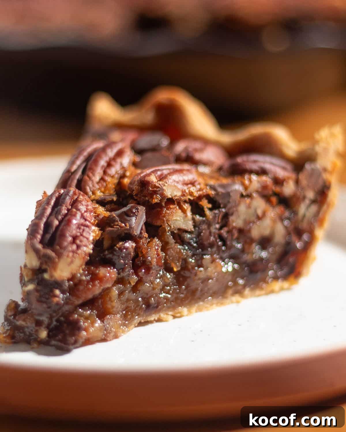 Chocolate Chip Pecan Pie Recipe with Gooey Chocolate Filling 10 Baked chocolate chip pecan pie ready to slice.