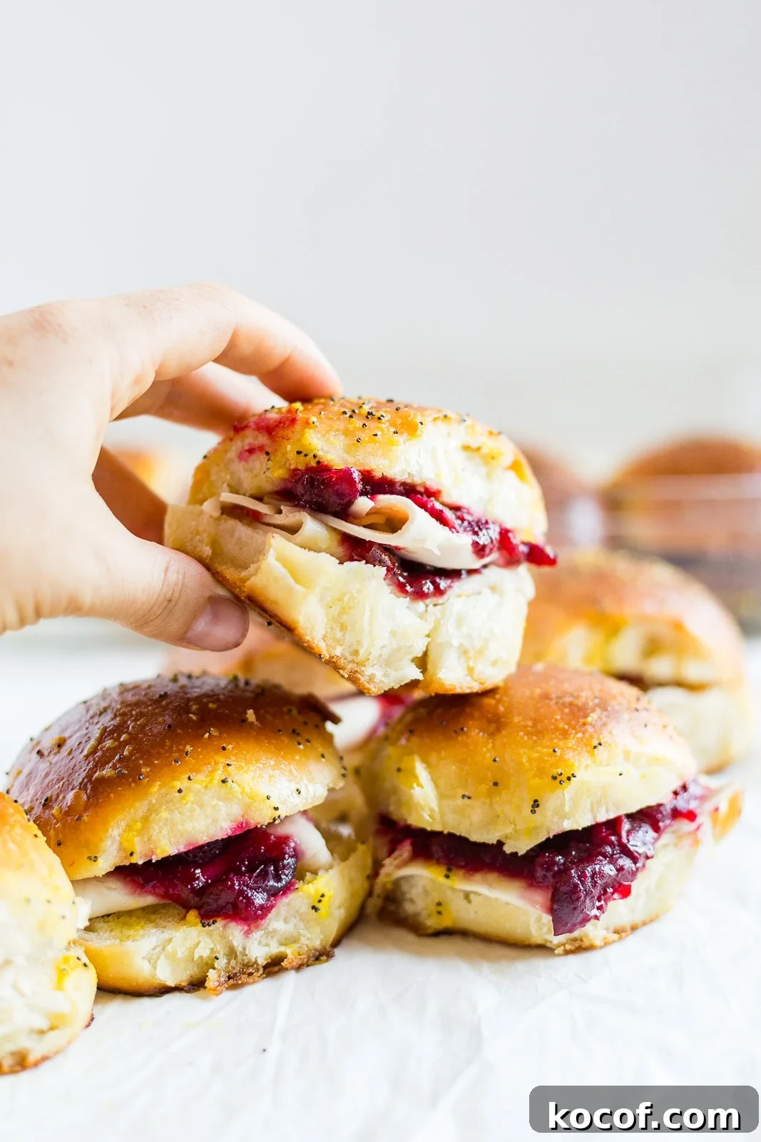 hand picking up a leftover turkey sandwich after it's come out of the oven