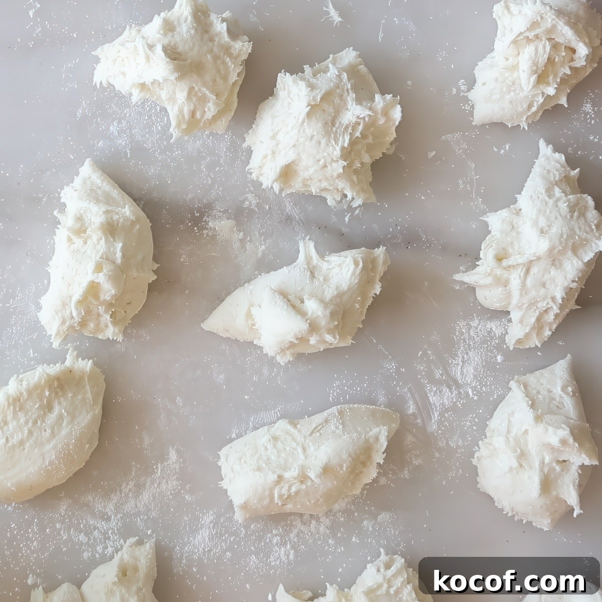 dough divided into pieces on marble counter.