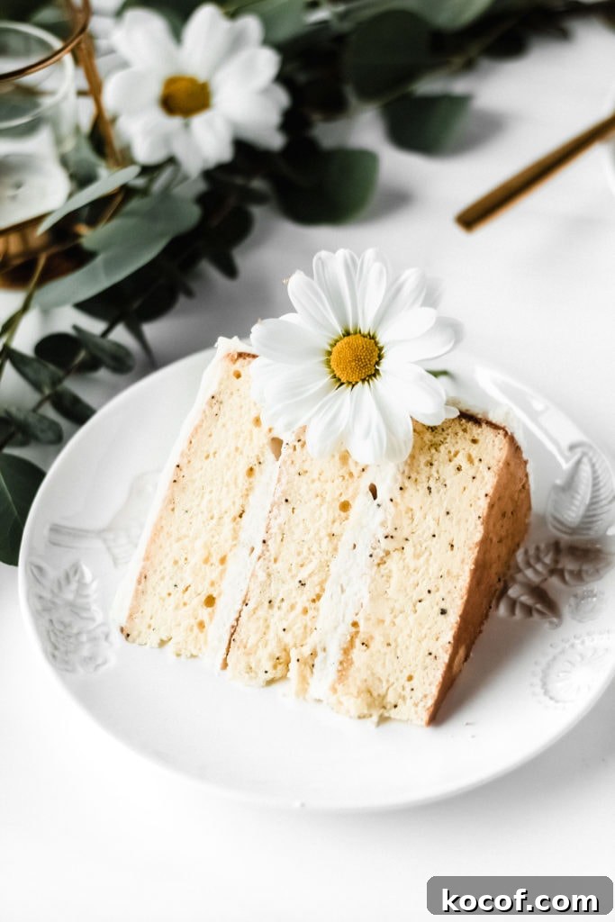 slice of lemon poppyseed cake with a flower