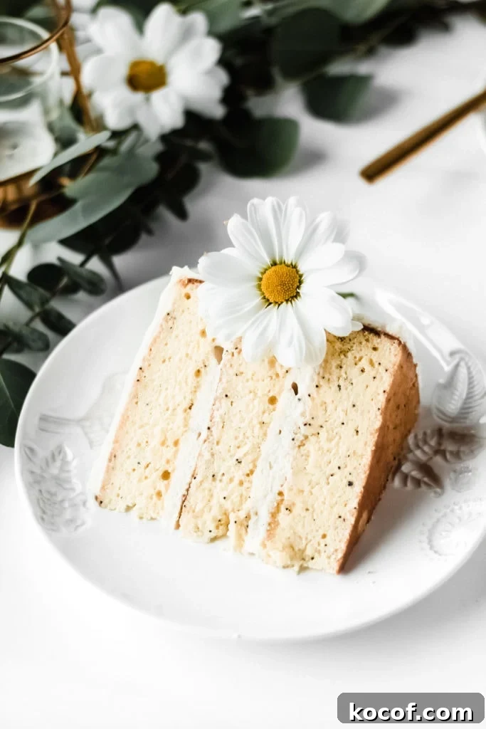 slice of lemon poppyseed cake with a flower