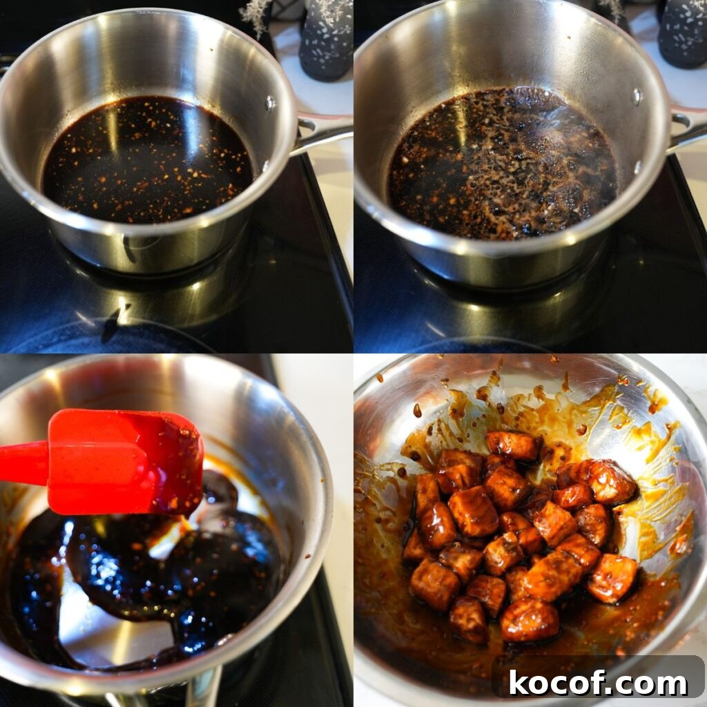 Teriyaki sauce in a saucepan and tossed with salmon.