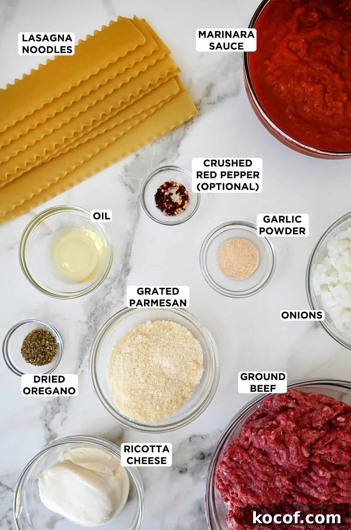One-Pan Skillet Lasagna Recipe for Quick Weeknight Dinners 4 Ingredients for skillet lasagna: lasagna noodles, marinara sauce, crushed red pepper, garlic pepper, onions, ground beef, grated Parmesan, oil, dried oregano and ricotta cheese.