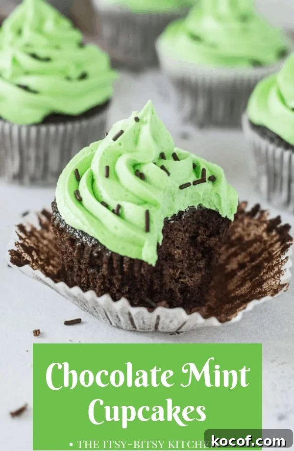 Indulgent Chocolate Mint Cupcakes with Creamy Mint Frosting 3 Pinterest image for chocolate mint cupcakes with text overlay