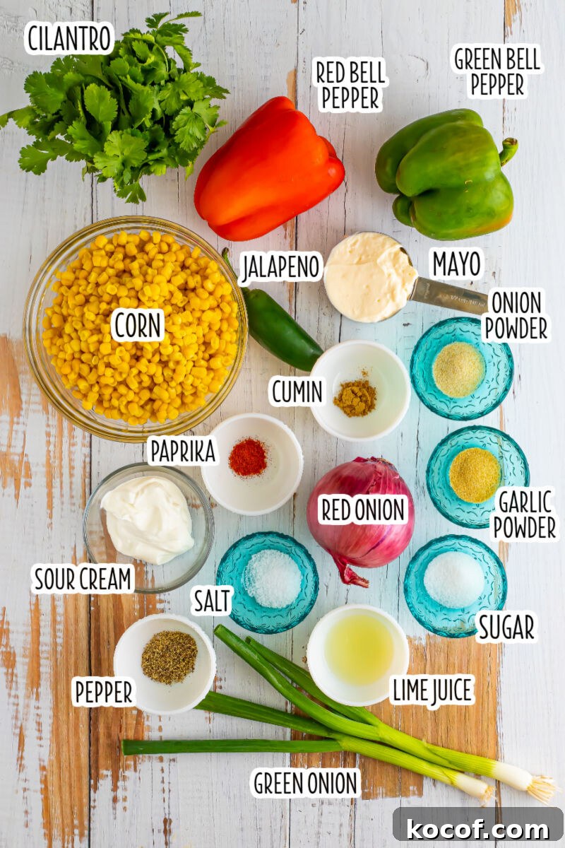 ingredients to make tex-mex corn salad with text labels