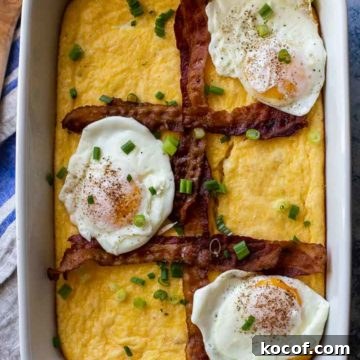 Cheesy Grits Casserole Recipe with Crispy Topping 4 white casserole pan with grits, bacon strips and 3 fried eggs
