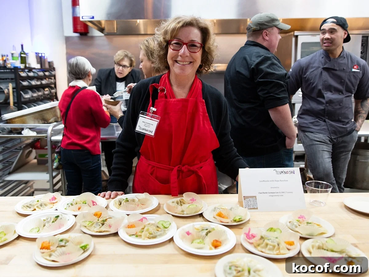 Korean Beef Mandu Dumplings Recipe: Authentic Jew Mandu Guide 16 Beth Lee standing in front of her table of Jew Mandu at the Jew Asian food event.