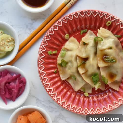 Korean beef dumplings or Jew Mandu on a red plate with chopsticks and hapa banchan on a marble table.