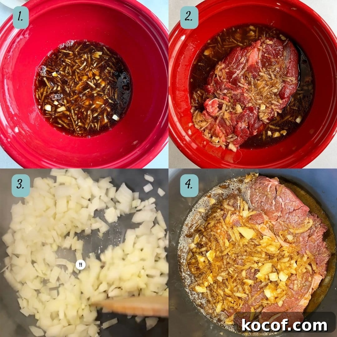 Korean Beef Mandu Dumplings Recipe: Authentic Jew Mandu Guide 5 Process photos of marinating and cooking meat.