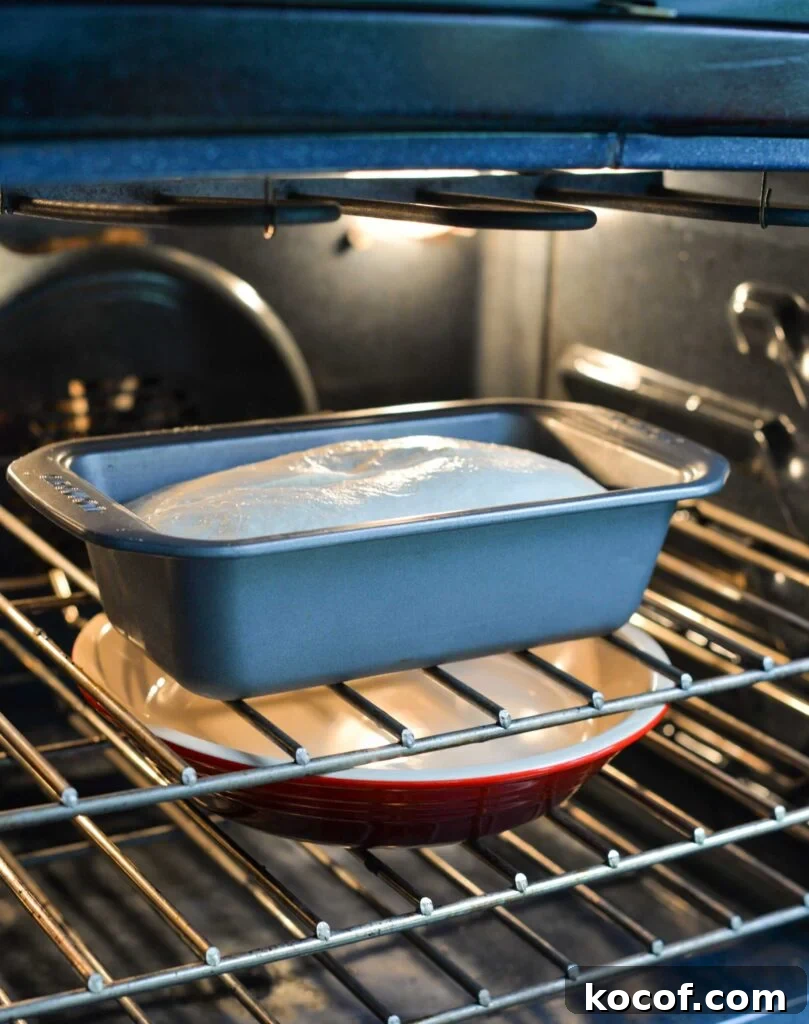 Baking Sourdough in a Loaf Pan: Step-by-Step Guide for Perfect Crust 11 A loaf of bread in a loaf pan bakes in an oven with a pan of water on the rack below.