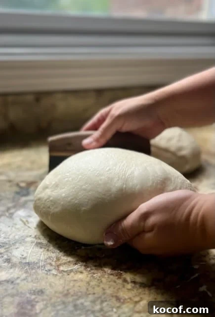Baking Sourdough in a Loaf Pan: Step-by-Step Guide for Perfect Crust 7 A bench scraper is used to lift up a shaped piece of dough.