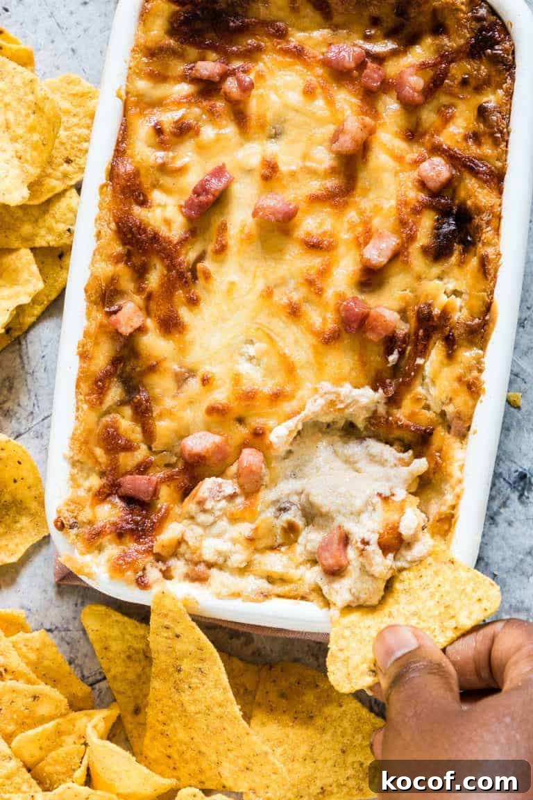 Bacon onion cream cheese dip with tortilla being dipped in