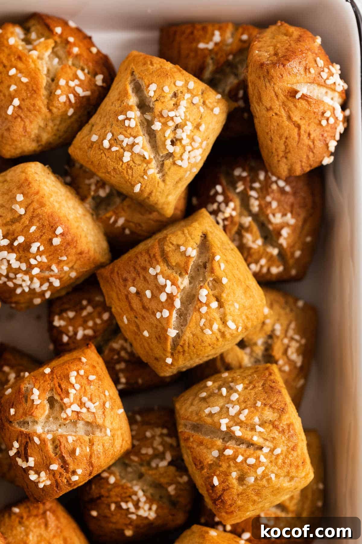 a close-up photo of gluten-free soft pretzel bites.