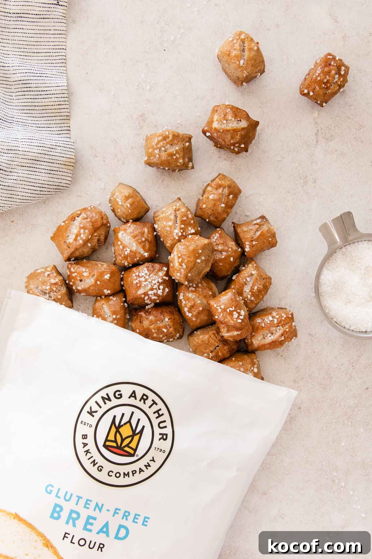 gluten-free soft pretzel bites spilling out of the gluten-free bread flour bag.