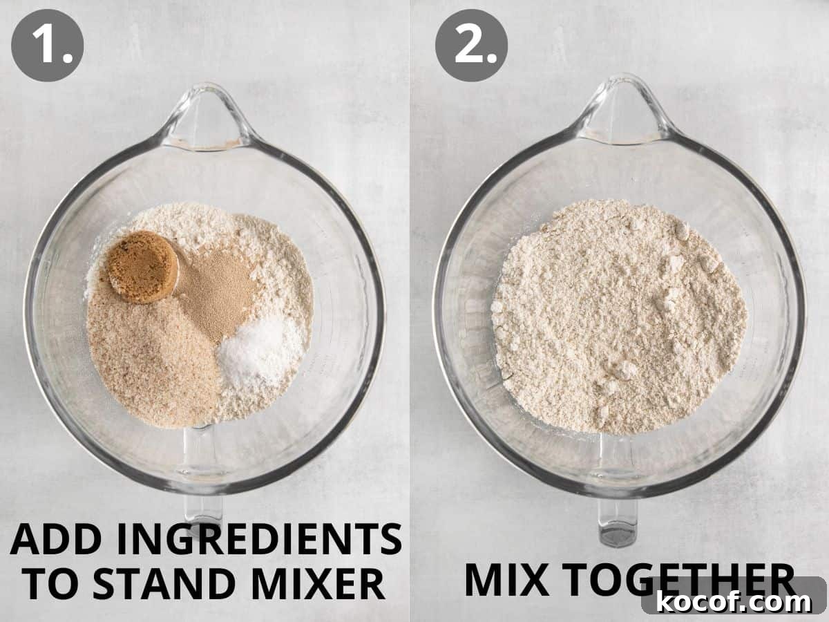 Dry ingredients poured in a glass bowl, and all ingredients mixed together.