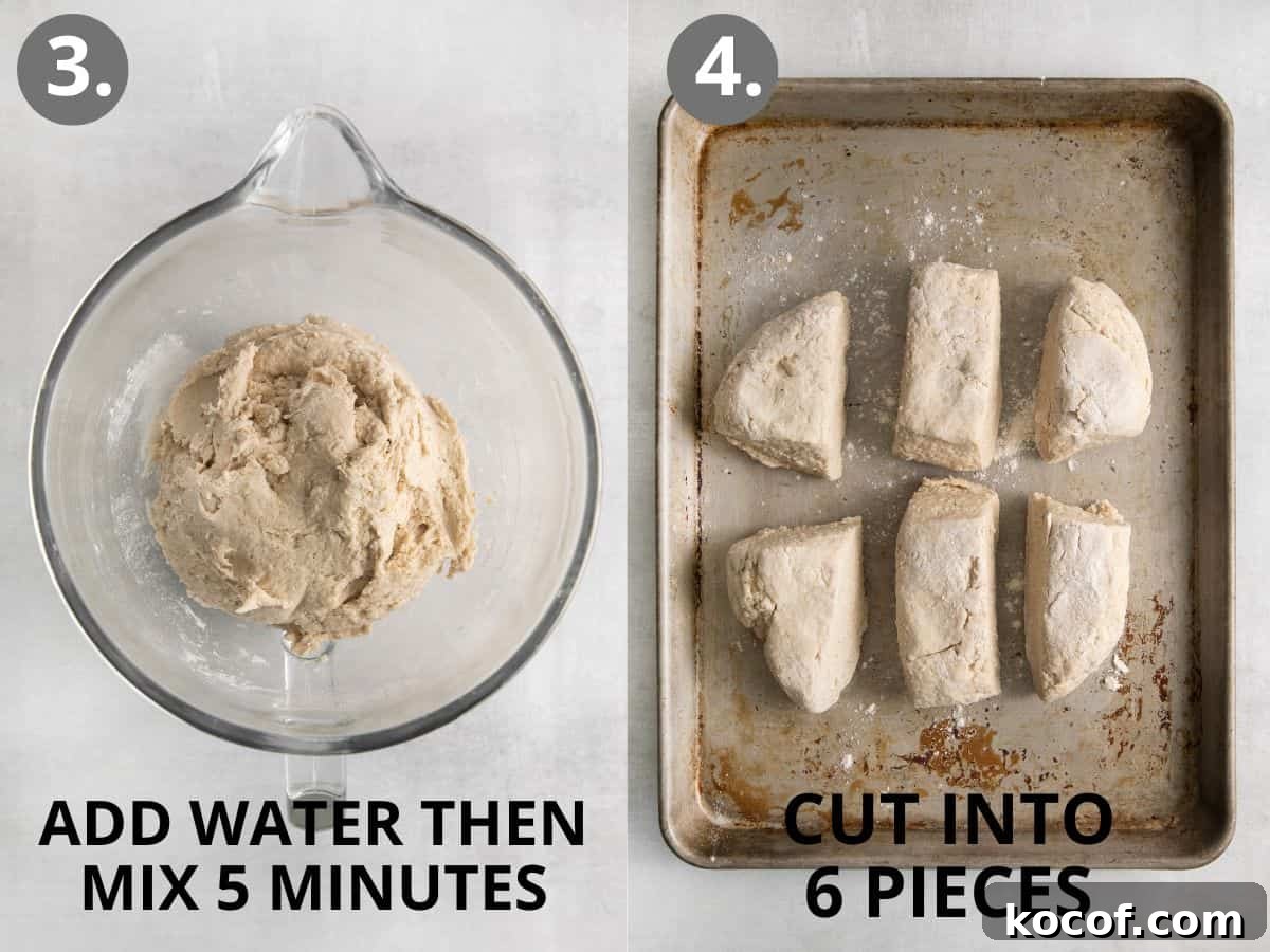 Water mixed into the pretzel batter in a glass bowl, and pretzel batter cut into pieces on a baking tray.