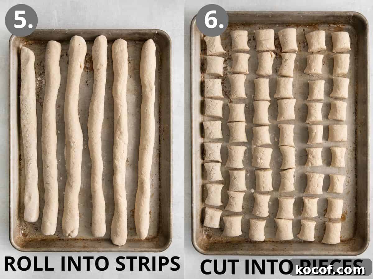 Strips of pretzel dough on a baking tray, and pieces of pretzel dough on a baking tray.