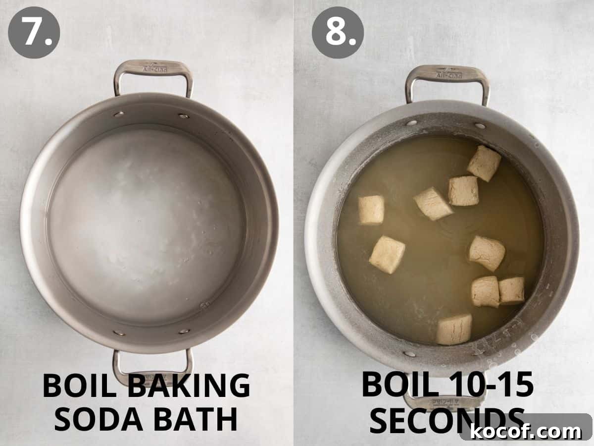 Baking soda and water boiling in a pot, and pretzel dough bites dropped into the boiling water.