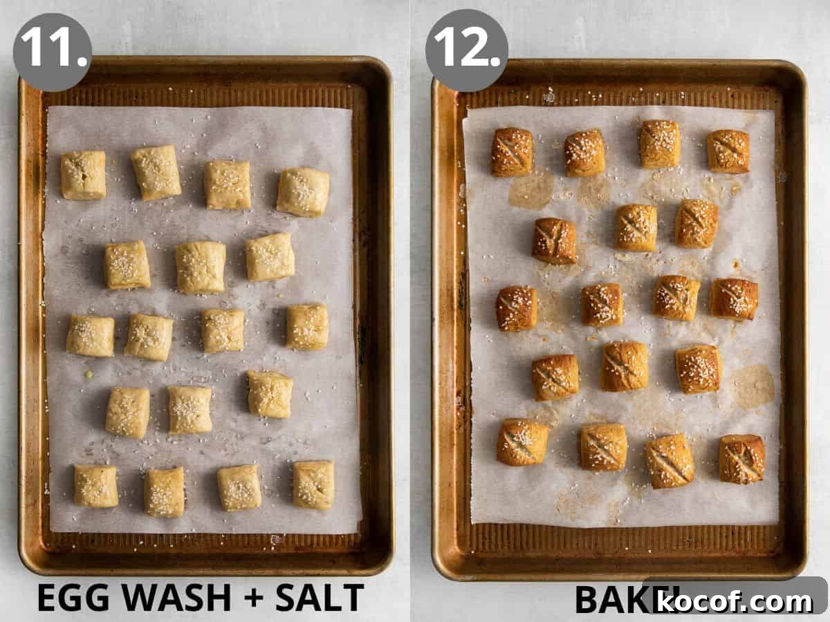 Unbaked pretzel bites on a baking tray with egg wash and salt, and baked pretzel bites on a baking tray.