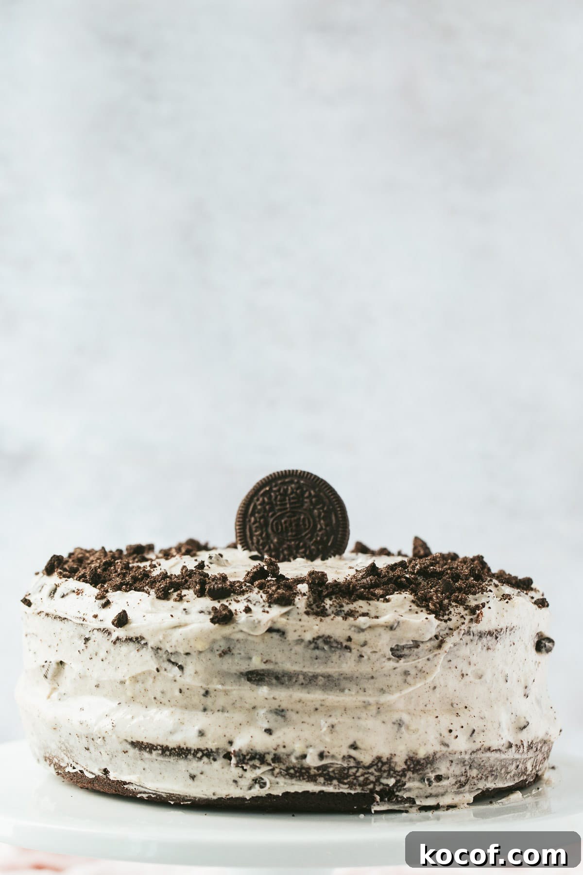 a two layer oreo cake with one oreo cookie on top and crumbs around the sides. A light background. 