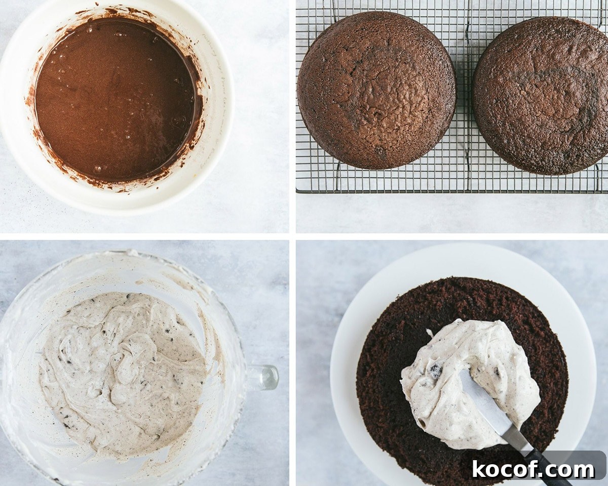 a collage with four photos. Chocolate cake batter in a bowl, two chocolate cake layers, oreo frosting in a bowl, and a cake beign frosted with a spatula. 