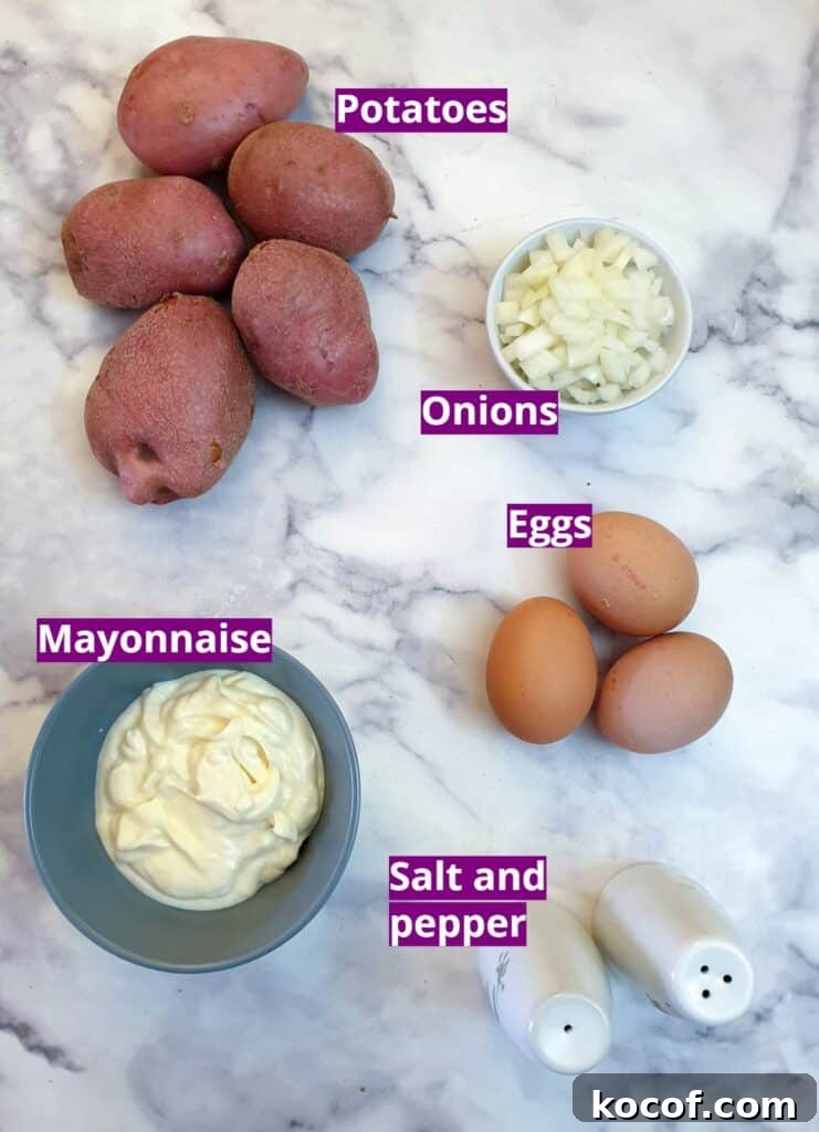 Creamy Potato and Egg Salad Recipe for Picnics & BBQs 4 Ingredients for potato salad with egg.