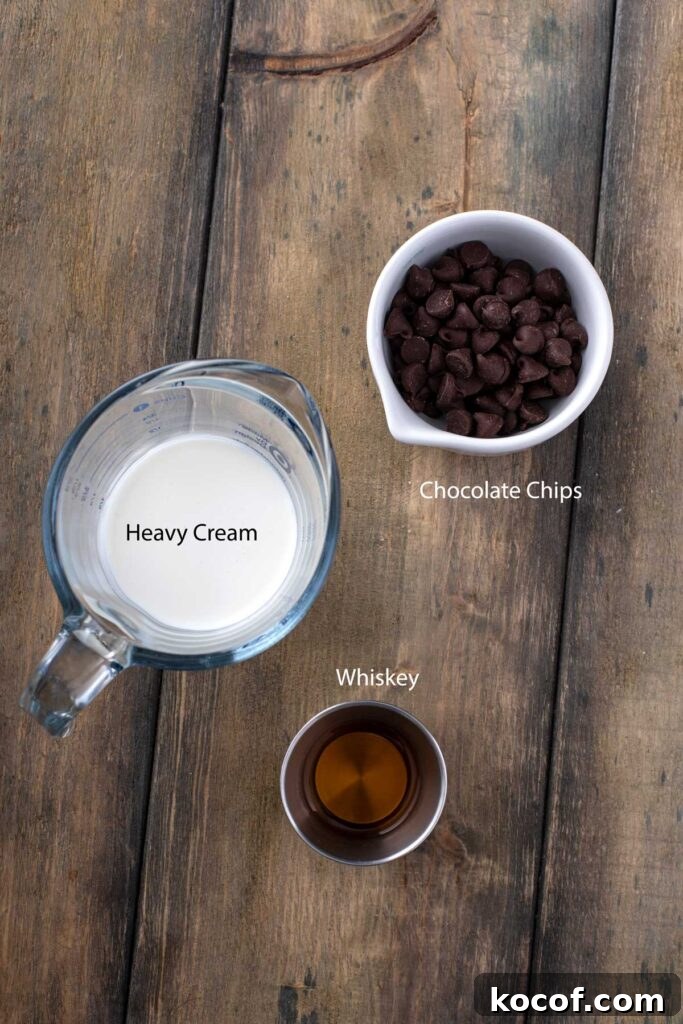 3 Ingredients to make whiskey chocolate ganache filling for cakes or cupcakes