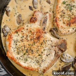 Creamy One-Pan Pork Chops with Garlic Herb Sauce 13 juicy, golden brown pork chops in a creamy mushroom sauce in cast iron skillet
