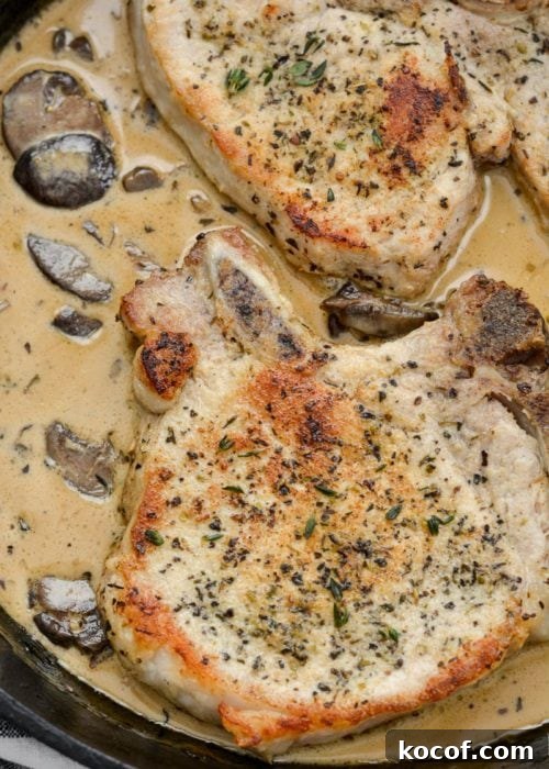 Creamy One-Pan Pork Chops with Garlic Herb Sauce 10 closeup of creamy mushroom sauce with juicy bone-in pork chops