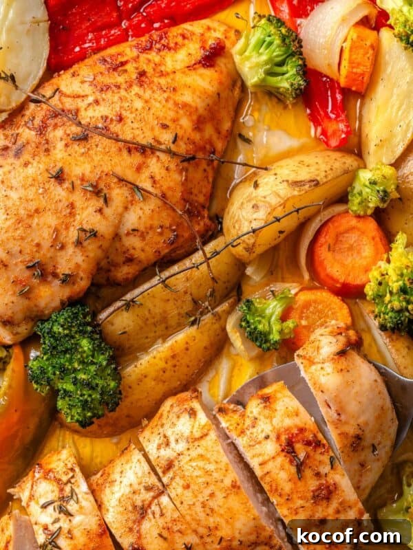 Crispy Herb-Roasted Chicken Thigh Tray Bake with Vegetables 11 Chicken and vegetables in a baking tray.